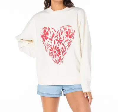 Roxy Lineup Oversized Crewneck Sweater In Egret Floral Heart In White