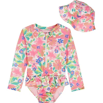 Roxy Babies'  Long Sleeve One-piece Rashguard Swimsuit & Hat Set In Pink