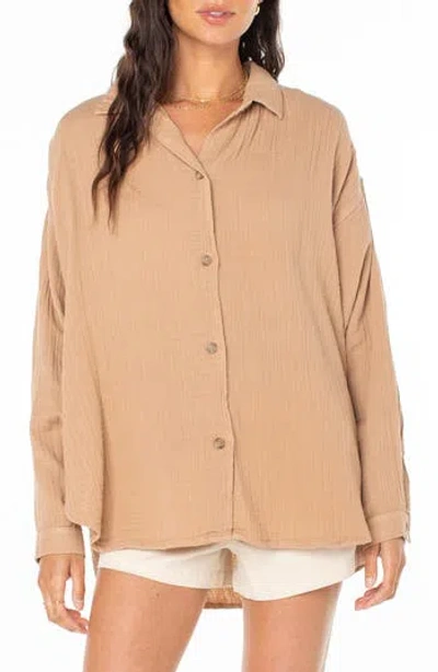 Roxy Morning Time Cotton Gauze Button-up Shirt In Praline Solid Stamp