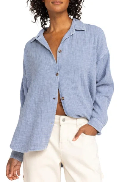 Roxy Morning Time Washed Cotton Button-up Shirt In Blue