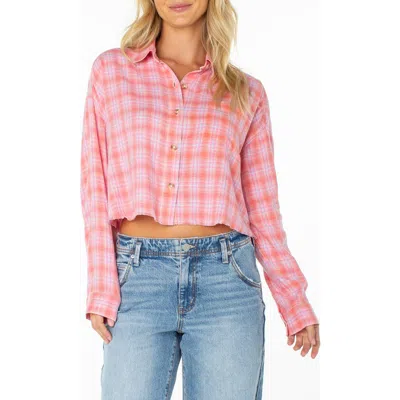 Roxy Rockford Plaid Crop Button-up Shirt In Pink
