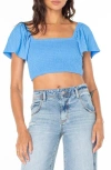 Roxy Sandy Beach Smocked Twist Reversible Crop Top In Azure Blue Solid