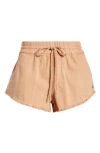 Roxy Scenic Drawstring Waist Fray Hem Cotton Twill Shorts In Camel