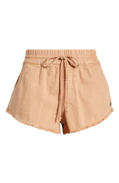 Roxy Scenic Drawstring Waist Fray Hem Cotton Twill Shorts In Camel