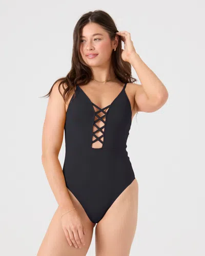 Roxy Sd Beach Classics Short Sleeve Plunge Lattice One Piece Moderate Swimsuit In Black