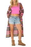 Roxy Sea Wind Longline Open Front Stripe Cardigan In Multi