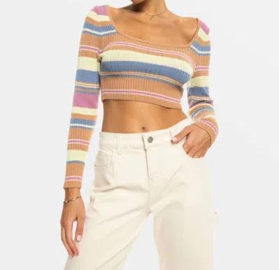 Roxy Sunshine Day Cropped Top Sweater In Camel Switchback Stripe In Multi