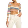 Roxy Sunshine Day Cropped Top Sweater In Camel Switchback Stripe In Beige Multi