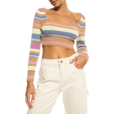 Roxy Sunshine Day Cropped Top Sweater In Camel Switchback Stripe In Multi
