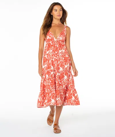 Roxy Tula Monstera Print Tiered Open Back Midi Dress In Orange