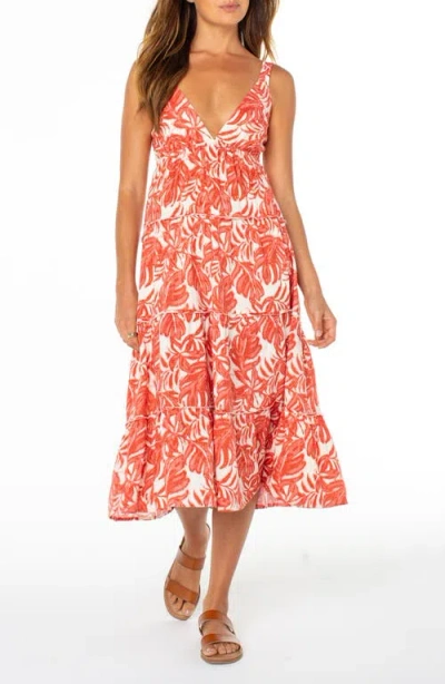 Roxy Tula Monstera Print Tiered Open Back Midi Dress In Orange