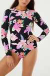 Roxy Wanderlust Long Sleeve One-piece Rashguard Swimsuit In Black Multi