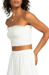 Roxy Warm Waters Strapless Eyelet Crop Top In Snow White