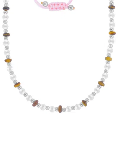 Roxy Waterproof Platinum Tiger Eye Pearl Adjustable Necklace In Multi