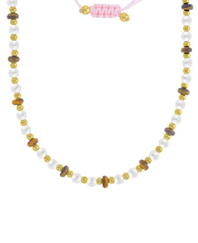 Roxy Waterproof Yellow Tiger Eye Pearl Adjustable Necklace In Pink