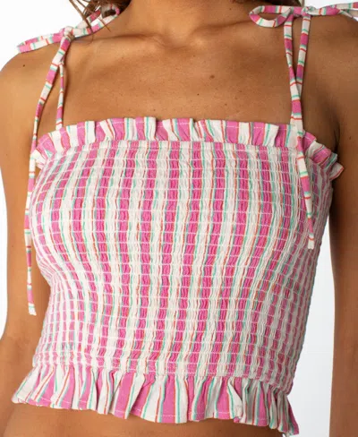 Roxy Avalon Stripe Smocked Cotton Blend Crop Top In Pink