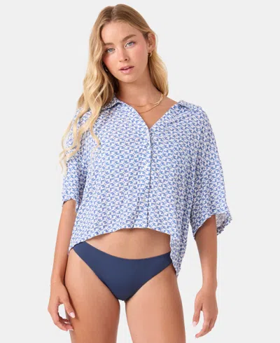Roxy Women's Hazy Dazy Crop Button-up Swim Shirts In Blue