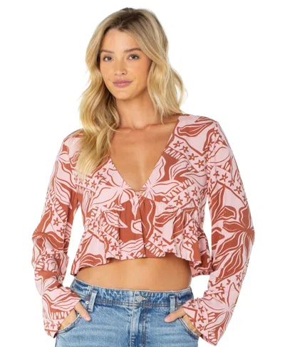 Roxy Women's Night Sky Long Bell-sleeve V-neck Floral-print Crop Top In Brown