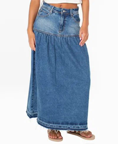 Roxy Women's Nocturne Prairie High-waisted Tiered Maxi Denim Skirt In Salt Fade Denim Wash