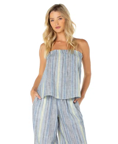 Roxy Women's Offshore Strapless Stripe Cotton Top In Mood Indigo Coastline Stripe
