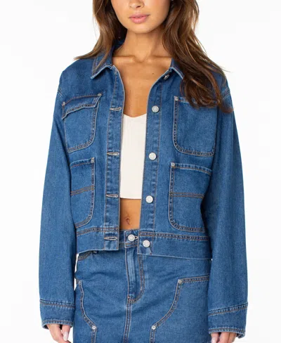 Roxy Women's Reel Life Cropped Oversized-pocket Denim Jacket In High Surf Denim Wash