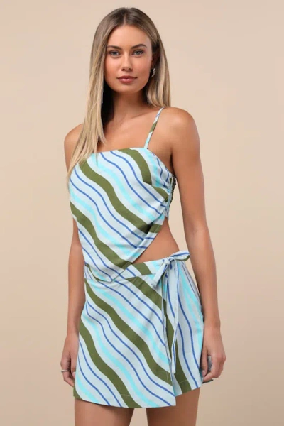 ROXY ZOLA BLUE STRIPED MID-RISE FAUX WRAP SKORT