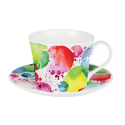 Roy Kirkham Planets Lucy Breakfast Cup And Saucer (set Of 2), Bone China Ceramic, Made In England In White;red;yellow