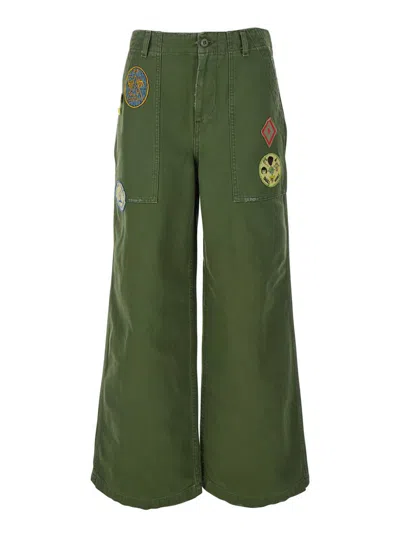 ROY ROGERS 'OLD GLORY' GREEN PALAZZO STYLE  JEANS WITH PATCH EMBELLISHMENTS ON THE POCKETS