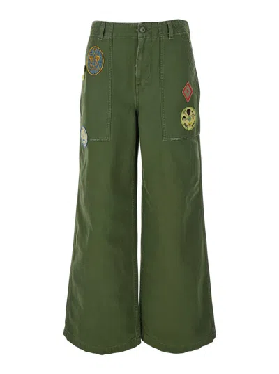 ROY ROGERS 'OLD GLORY' GREEN PALAZZO STYLE  JEANS WITH PATCH EMBELLISHMENTS ON THE POCKETS IN DENIM WOMAN