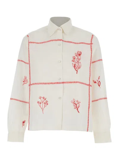 Roy Rogers Sh) Shirt Harvest Old Glory Flower Embroidery Washed White/coral In Neutral