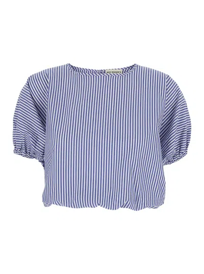 Roy Rogers Sh) Shirt Puff Woman Popeline Stripe Washed Blue Navy/off White