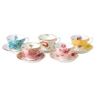 Royal Albert 100 Years Of  1950-1990 5 Piece Bone China Teacup & Saucer Set In Blue;yellow;pink