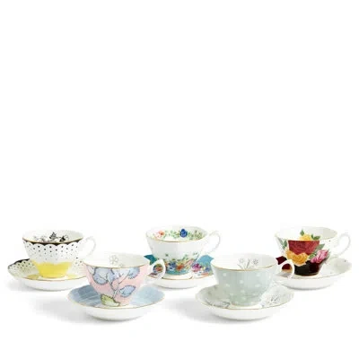 Royal Albert 100 Years Teacup & Saucer 1920 - 1960, Set Of 5 In Blue;black;white;green;red;yellow;pink