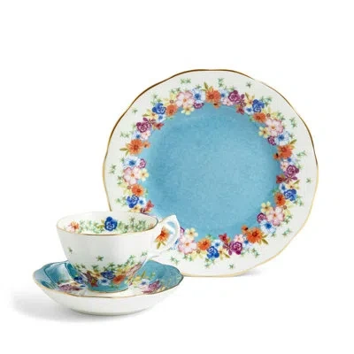 Royal Albert 100 Years Teacup Saucer Plate, 3 Piece Set, Florence 1940 In Blue;green;yellow;pink;orange;purple