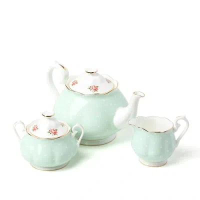 Royal Albert Mint Polka Rose Teapot, Sugar, Cream, 3 Piece Set In White;green