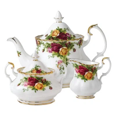 Royal Albert Old Country Roses 3 Piece Teapot Set In White;red;pink;gold