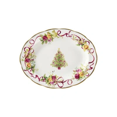 Royal Albert Old Country Roses Christmas Tree Oval Platter 13 In White;green;red;yellow;pink