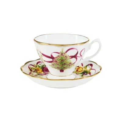 Royal Albert Old Country Roses Christmas Tree Teacup & Saucer Set In White;green;red;yellow;pink