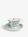 Royal Albert Green And Pink Polka Blue Vintage China Teacup And Saucer Set Of Two