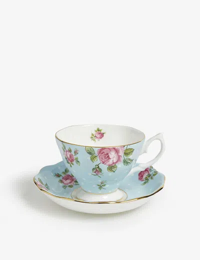 Royal Albert Green And Pink Polka Blue Vintage China Teacup And Saucer Set Of Two