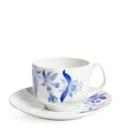 Royal Copenhagen Blomst Fuchsia Cup And Saucer In Blue