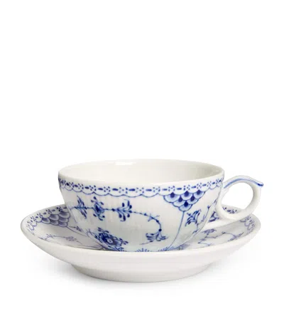 Royal Copenhagen Blue Fluted Half Lace Teacup And Saucer