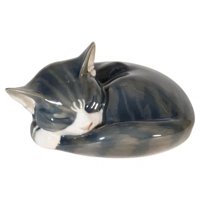 Pre-owned Royal Copenhagen Erik Nielsen For  Porcelain Sleeping Tabby Cat In Black