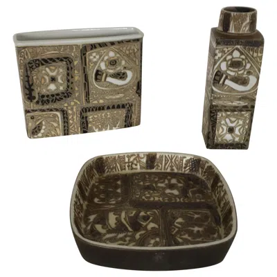 Pre-owned Royal Copenhagen Nils Thorsson Danish Faience Glazed Baca Vases And Bowl By  In Black