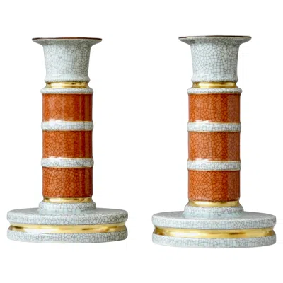 Pre-owned Royal Copenhagen Pair Of Large  Crackle Glaze Candlesticks. Thorkild Olsen, 1959 In Sand