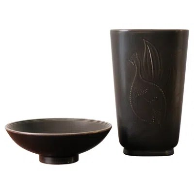 Pre-owned Royal Copenhagen Royal Copenaghen Scandinavian Midcentury Ceramic Vase And Bowl Set, 1950s In Black