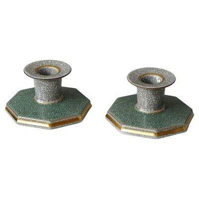 Pre-owned Royal Copenhagen Set Of 2  Crackle Glazed Candlesticks. Thorkild Olsen, 1957. In Gray