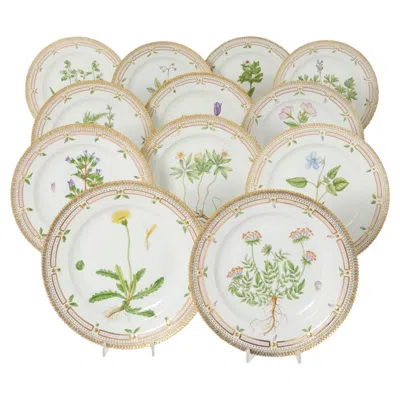 Pre-owned Royal Copenhagen Set Of Twelve  Flora Danica Porcelain Dinner Plates In Sand