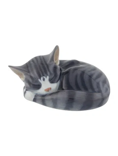 Pre-owned Royal Copenhagen Sleeping Cat Figurine In Gray