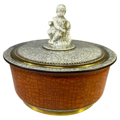 Pre-owned Royal Copenhagen Terracotta And Gilt Craquelure Cupid Figural Lidded Pot #2936 In Brown